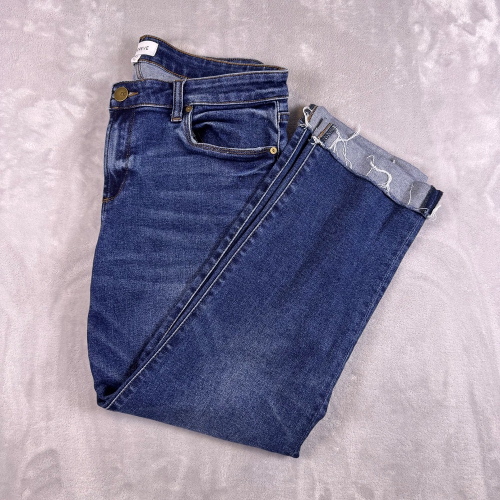 Evereve Women Blue Medium Wash Raw Hem Straight Leg Stretch Jeans Size 30